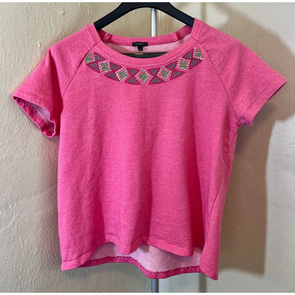Hannah Pink Short Sleeve Bedazzled Neckline Sweatshirt L